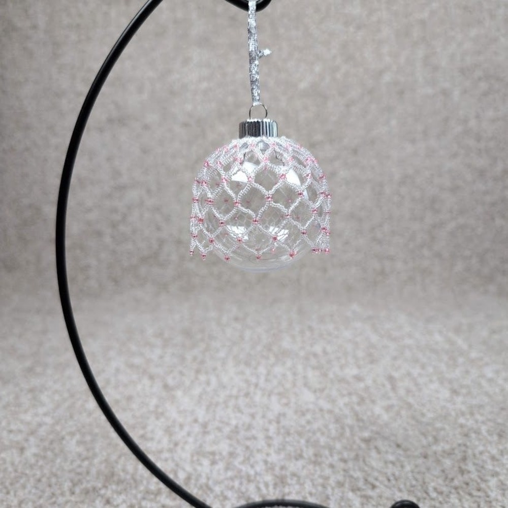 Clear Christmas Ornament Beaded White Pink‎ Silver Netting Ball Holiday Decor